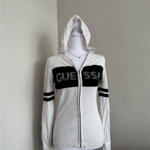 GUESS White Hoodie with Black Chest Panel and Sleeve Stripes